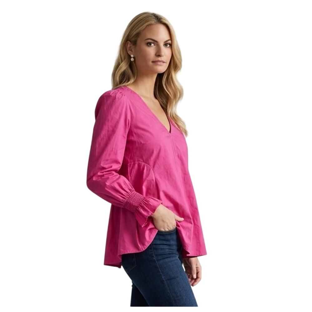 Tuckernuck NWOT Pomander Place Easton Blouse XS Pink V-Neck Poplin Long Sleeve